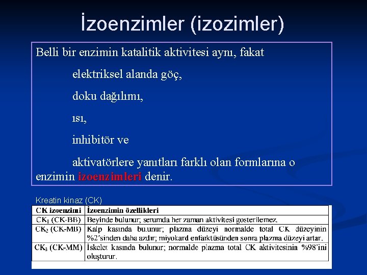 İzoenzimler (izozimler) Belli bir enzimin katalitik aktivitesi aynı, fakat elektriksel alanda göç, doku dağılımı,