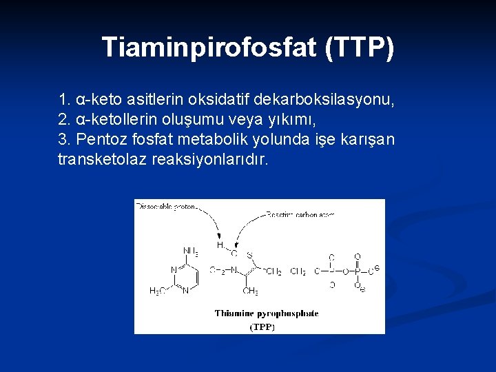 Tiaminpirofosfat (TTP) 1. α-keto asitlerin oksidatif dekarboksilasyonu, 2. α-ketollerin oluşumu veya yıkımı, 3. Pentoz