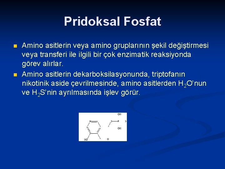 Pridoksal Fosfat n n Amino asitlerin veya amino gruplarının şekil değiştirmesi veya transferi ile