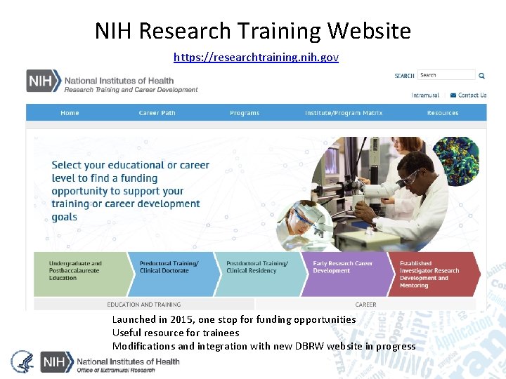 NIH Research Training Website https: //researchtraining. nih. gov Launched in 2015, one stop for