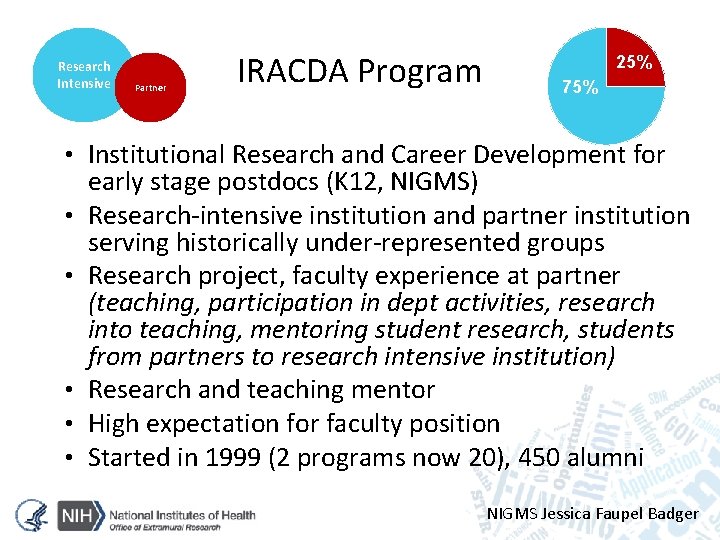 Research Intensive Partner IRACDA Program 25% 75% • Institutional Research and Career Development for