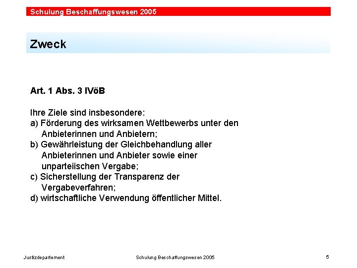 Schulung Beschaffungswesen 2005 Zweck Art. 1 Abs. 3 IVöB Ihre Ziele sind insbesondere: a)