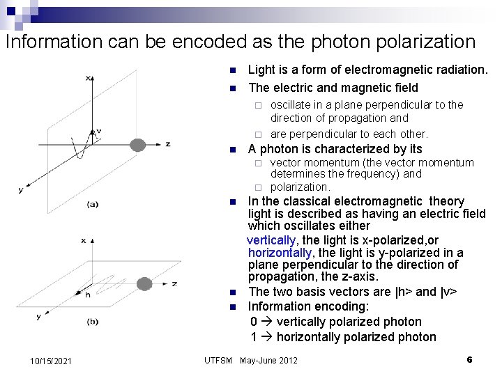 Information can be encoded as the photon polarization n n Light is a form