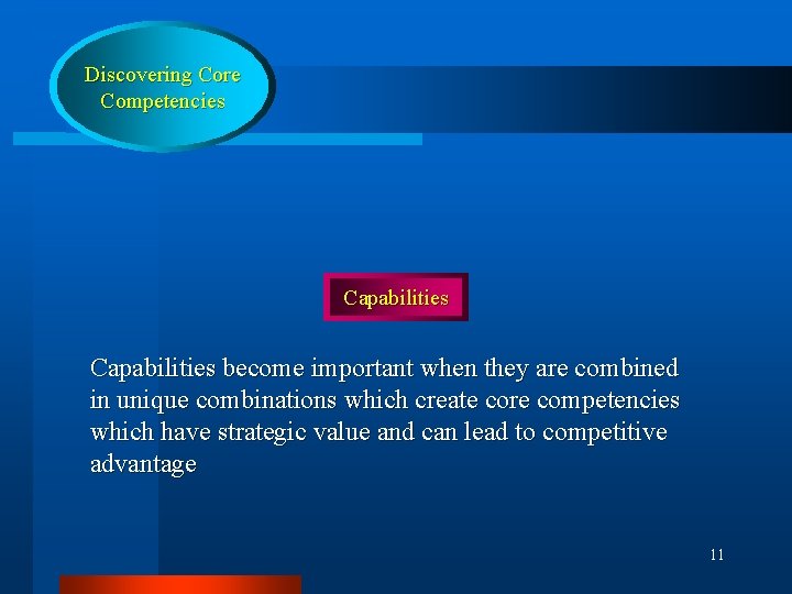 Discovering Core Competencies Capabilities become important when they are combined in unique combinations which