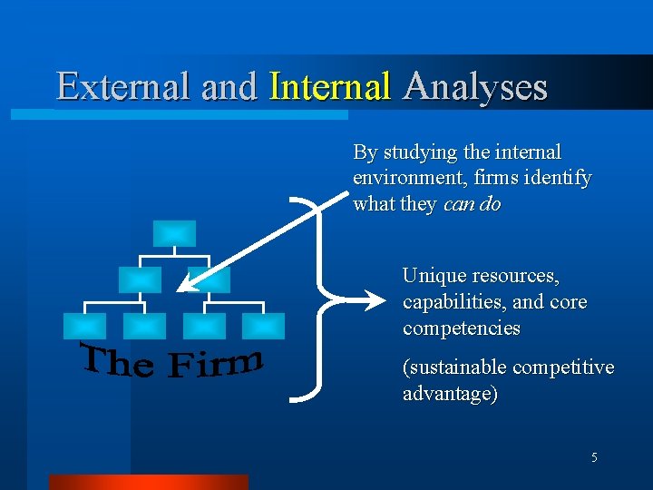 External and Internal Analyses By studying the internal environment, firms identify what they can