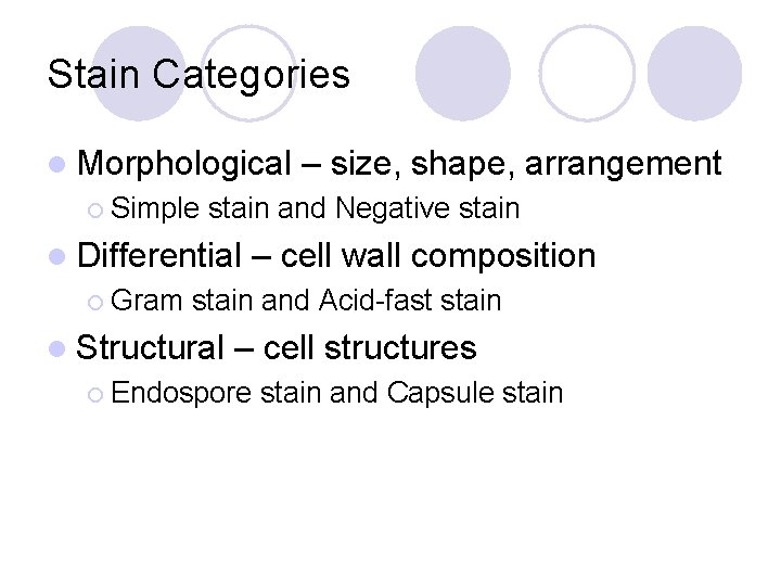 Stain Categories l Morphological ¡ Simple stain and Negative stain l Differential ¡ Gram