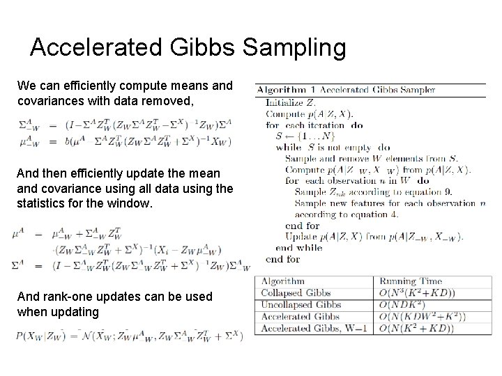 Accelerated Gibbs Sampling We can efficiently compute means and covariances with data removed, And