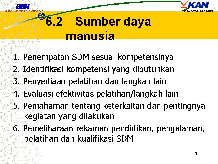 Badan Standardisasi Nasional Komite Akreditasi Nasional 6. 2 Sumber daya manusia 1. 2. 3.