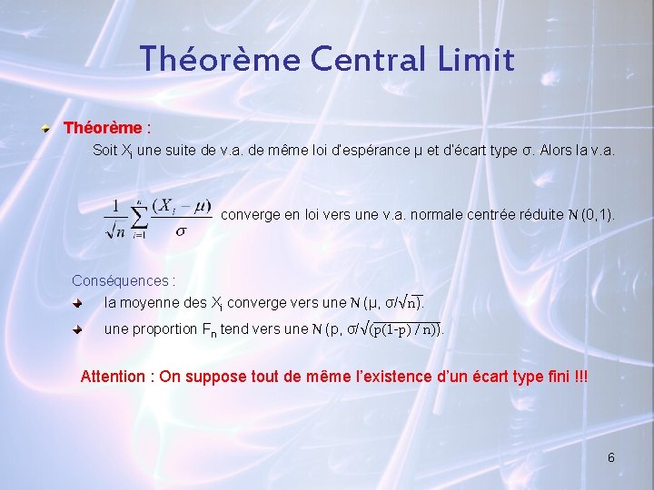 Théorème Central Limit Théorème : Soit Xi une suite de v. a. de même