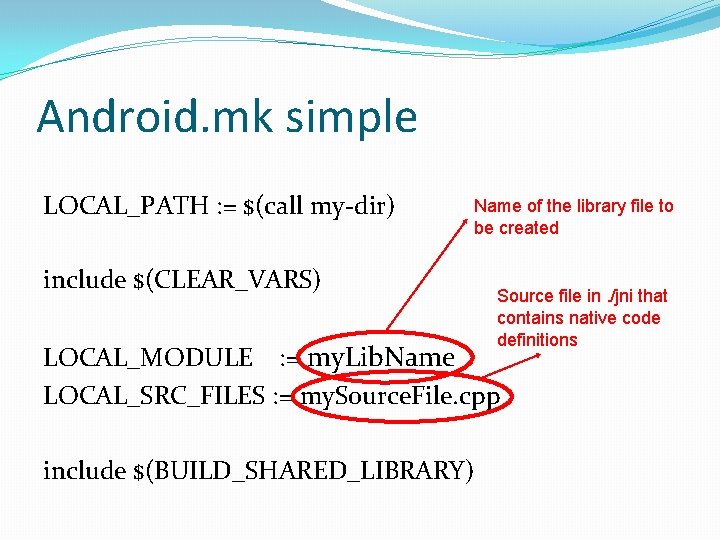 Android. mk simple LOCAL_PATH : = $(call my-dir) Name of the library file to