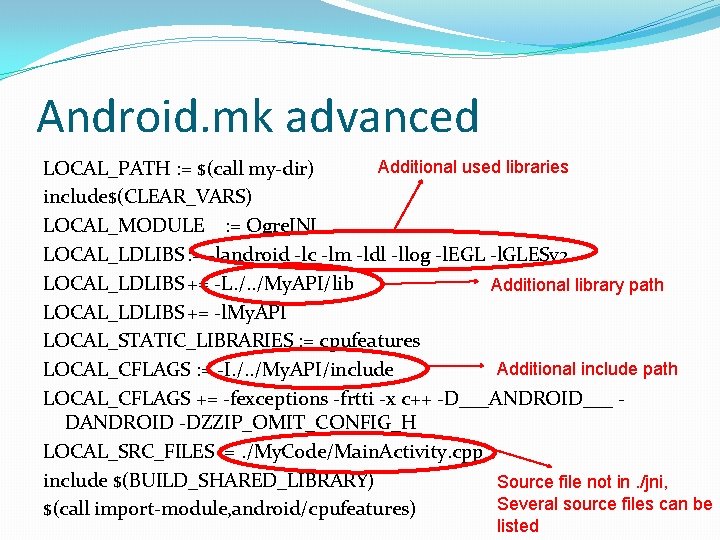 Android. mk advanced Additional used libraries LOCAL_PATH : = $(call my-dir) include$(CLEAR_VARS) LOCAL_MODULE :