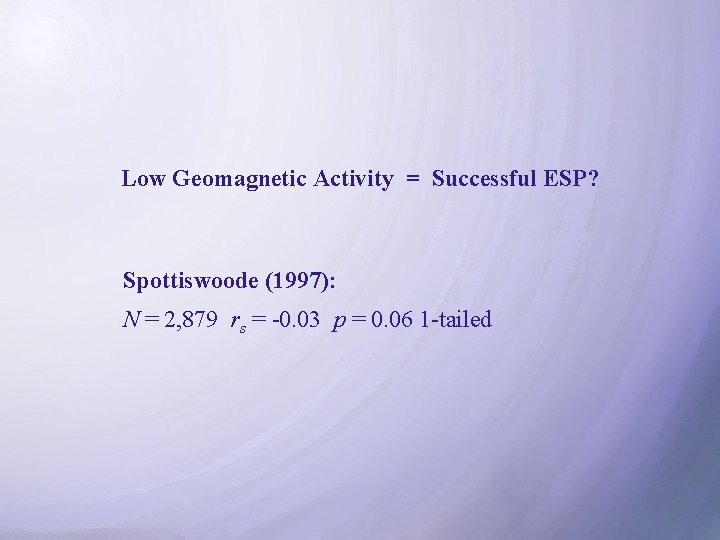 Low Geomagnetic Activity = Successful ESP? Spottiswoode (1997): N = 2, 879 rs =