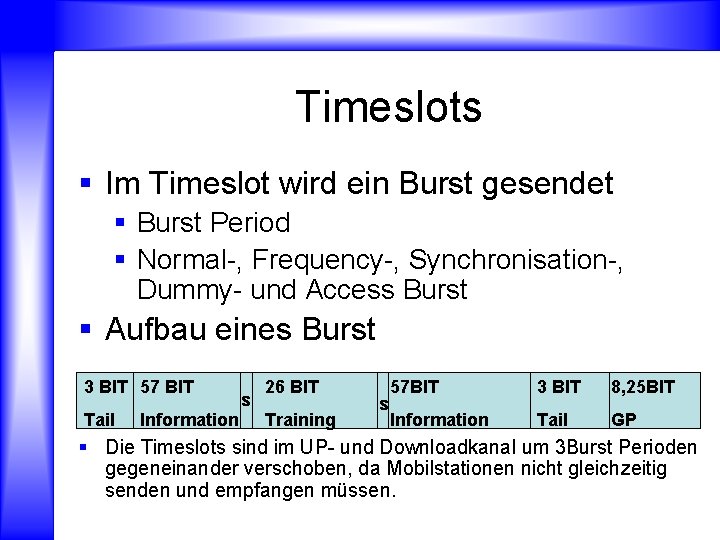 Timeslots § Im Timeslot wird ein Burst gesendet § Burst Period § Normal-, Frequency-,
