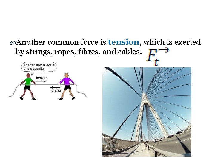  Another common force is tension, which is exerted by strings, ropes, fibres, and