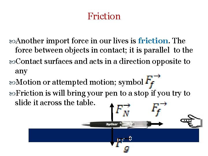 Friction Another import force in our lives is friction. The force between objects in