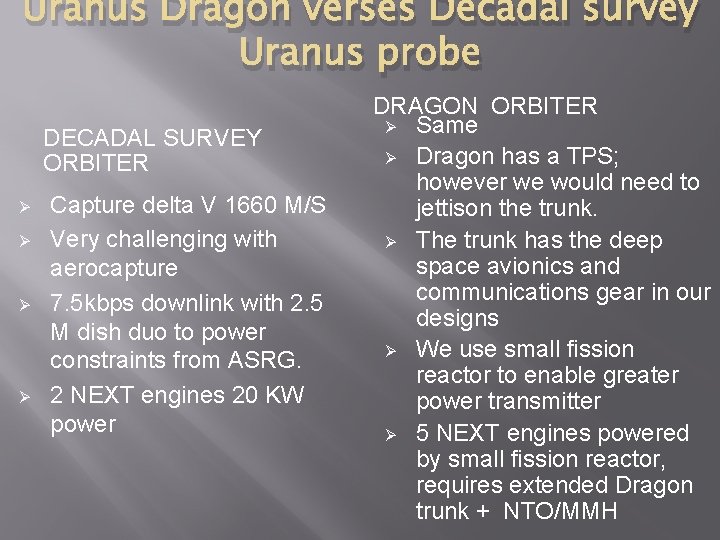 Uranus Dragon verses Decadal survey Uranus probe DECADAL SURVEY ORBITER Ø Ø Capture delta