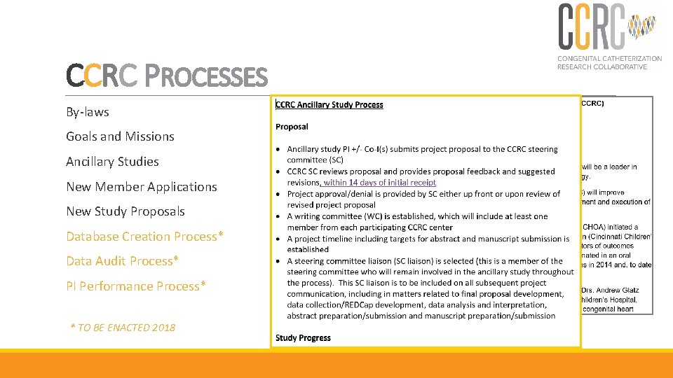 CCRC PROCESSES By-laws Goals and Missions Ancillary Studies New Member Applications New Study Proposals
