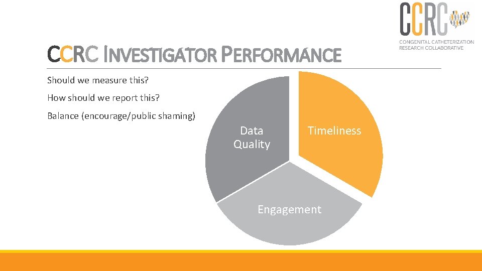 CCRC INVESTIGATOR PERFORMANCE Should we measure this? How should we report this? Balance (encourage/public