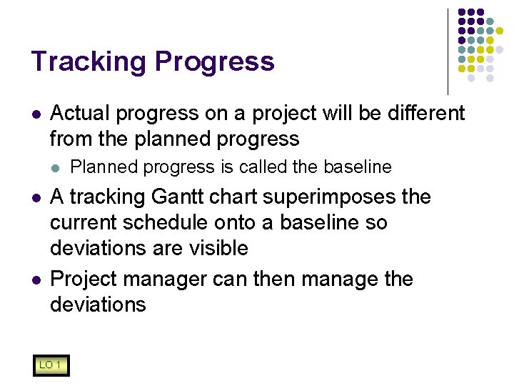 Tracking Progress l Actual progress on a project will be different from the planned