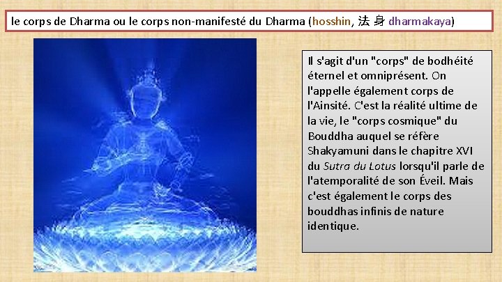 le corps de Dharma ou le corps non-manifesté du Dharma (hosshin, 法 身 dharmakaya)