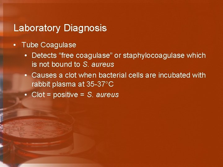 Laboratory Diagnosis • Tube Coagulase • Detects “free coagulase” or staphylocoagulase which is not