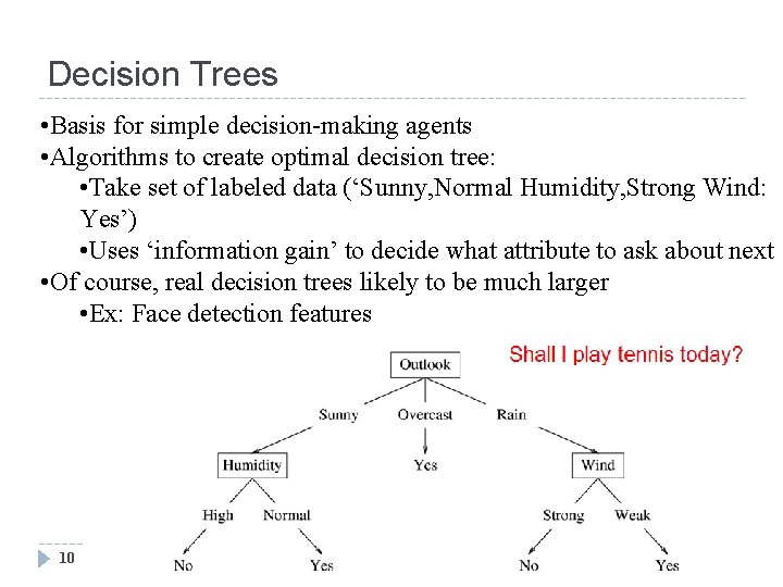Decision Trees • Basis for simple decision-making agents • Algorithms to create optimal decision