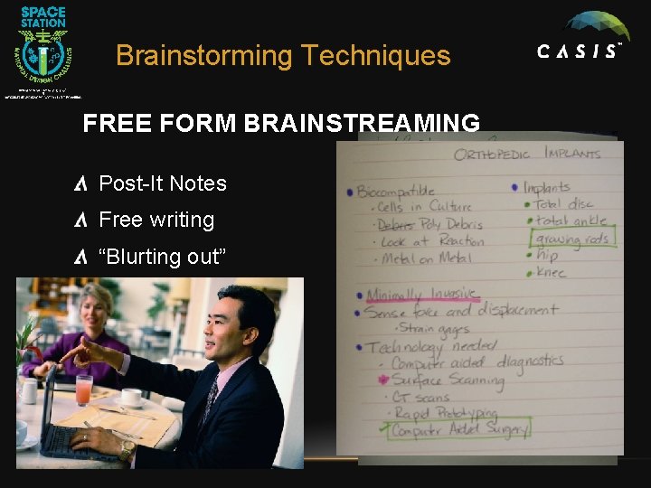 Brainstorming Techniques FREE FORM BRAINSTREAMING Post-It Notes Free writing “Blurting out” 