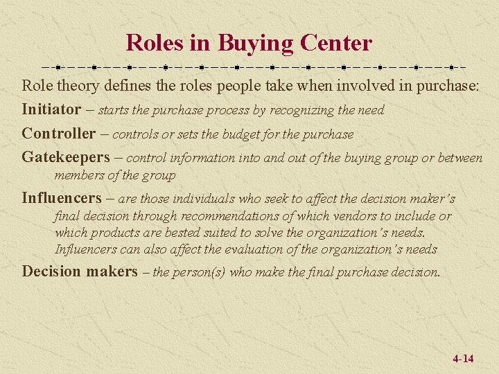 Roles in Buying Center Role theory defines the roles people take when involved in