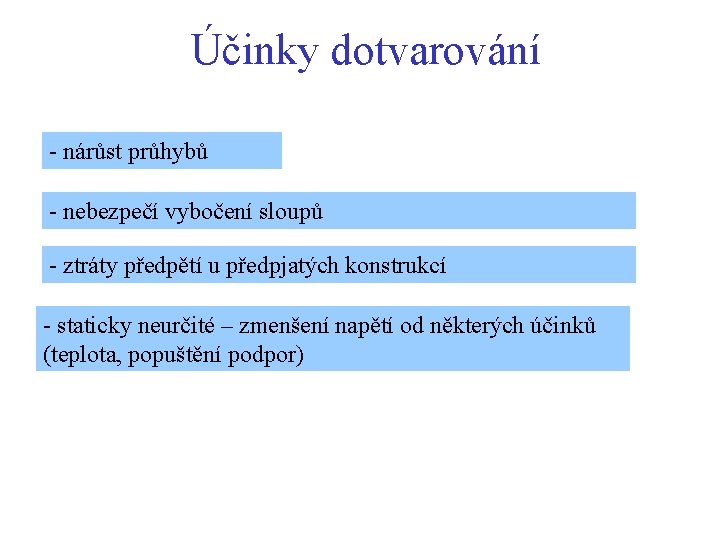 Účinky dotvarování - nárůst průhybů - nebezpečí vybočení sloupů - ztráty předpětí u předpjatých