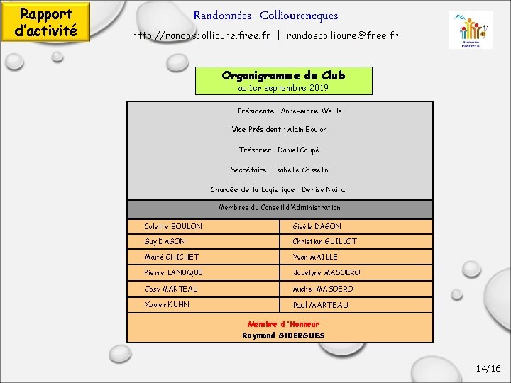 Rapport d’activité Randonnées Colliourencques http: //randoscollioure. free. fr | randoscollioure@free. fr Organigramme du Club