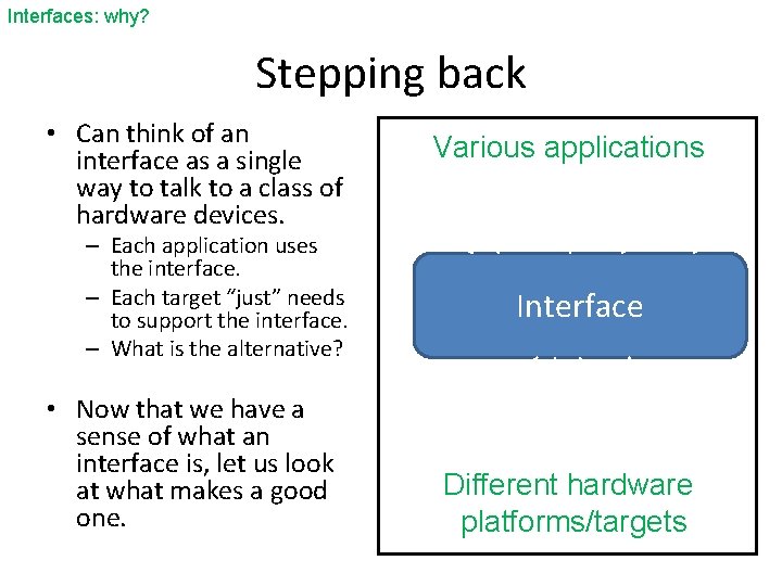 Interfaces: why? Stepping back • Can think of an interface as a single way