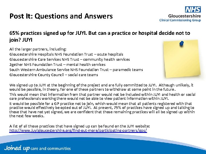 Post It: Questions and Answers 65% practices signed up for JUYI. But can a