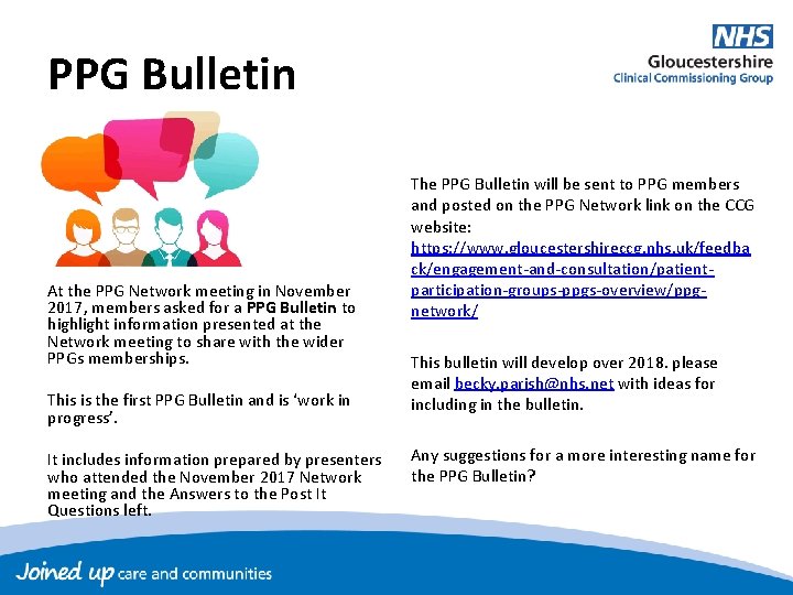 PPG Bulletin At the PPG Network meeting in November 2017, members asked for a