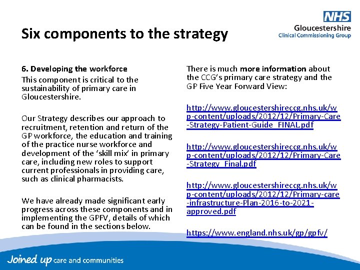 Six components to the strategy 6. Developing the workforce This component is critical to