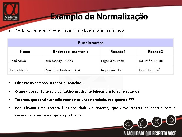 Exemplo de Normalização • Pode-se começar com a construção da tabela abaixo: • Observe