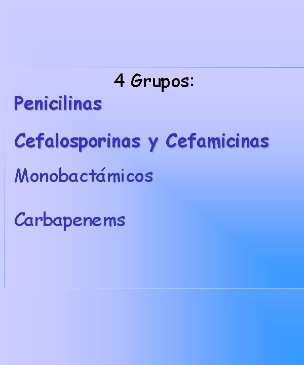 Penicilinas 4 Grupos: Cefalosporinas y Cefamicinas Monobactámicos Carbapenems 