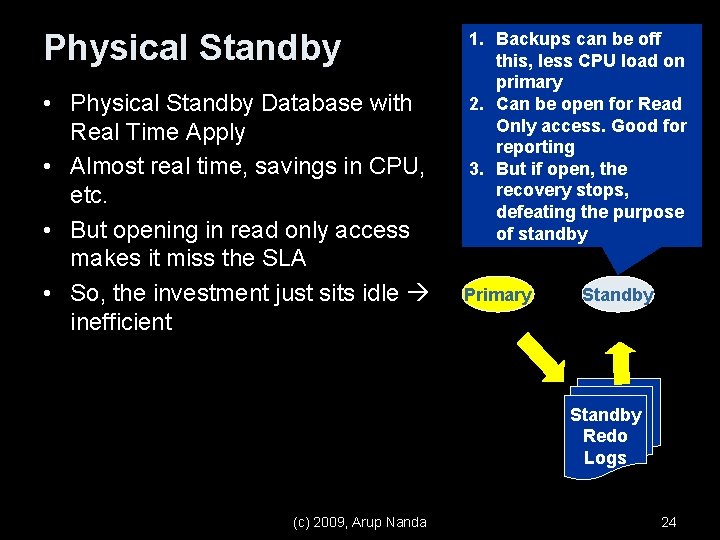 Physical Standby • Physical Standby Database with Real Time Apply • Almost real time,