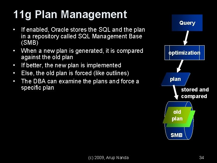 11 g Plan Management • If enabled, Oracle stores the SQL and the plan
