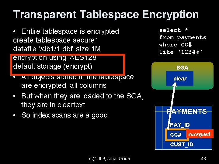 Transparent Tablespace Encryption • Entire tablespace is encrypted create tablespace secure 1 datafile '/db