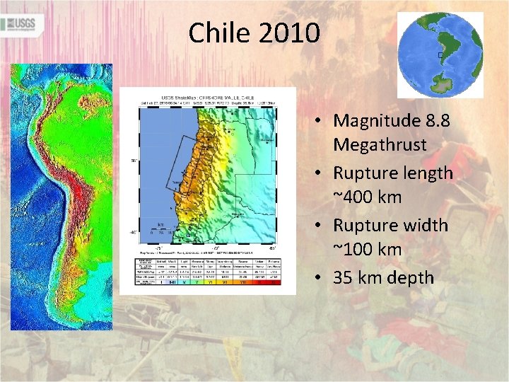 Chile 2010 • Magnitude 8. 8 Megathrust • Rupture length ~400 km • Rupture