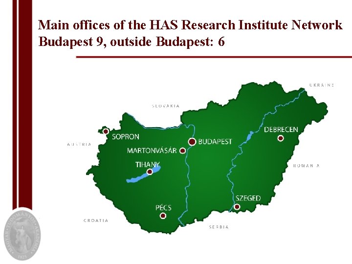 Main offices of the HAS Research Institute Network Budapest 9, outside Budapest: 6 