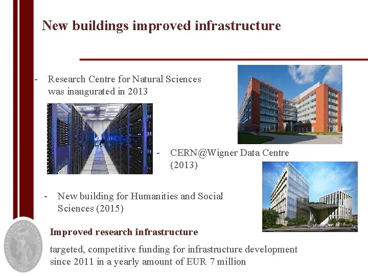 New buildings improved infrastructure - Research Centre for Natural Sciences was inaugurated in 2013