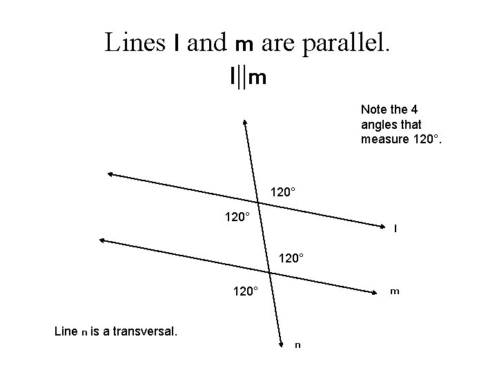 Lines l and m are parallel. l||m Note the 4 angles that measure 120°