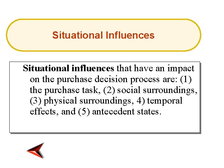 Situational Influences Situational influences that have an impact on the purchase decision process are: