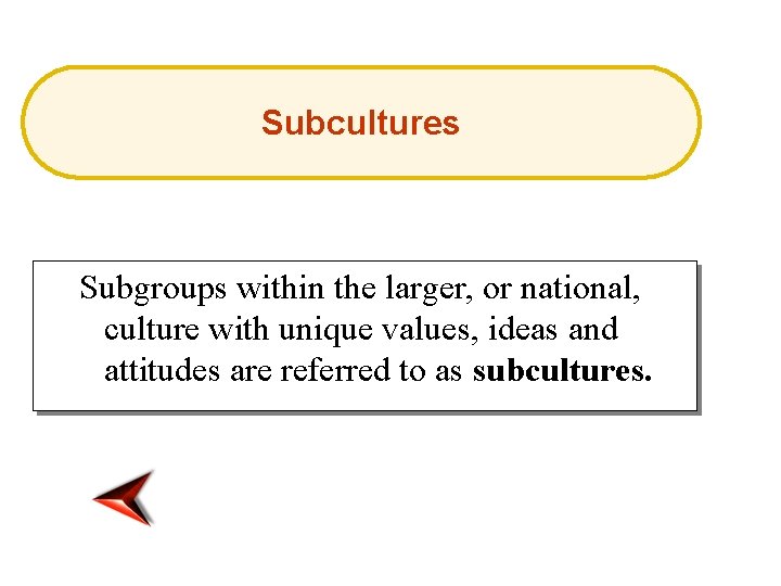 Subcultures Subgroups within the larger, or national, culture with unique values, ideas and attitudes