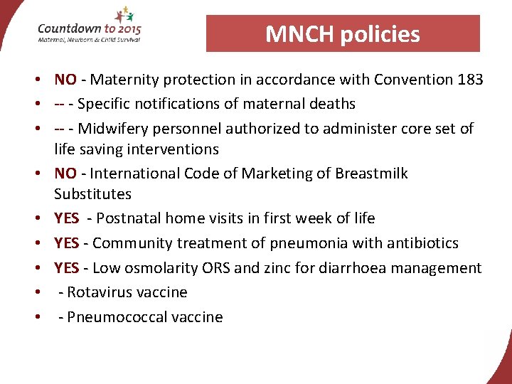 MNCH policies • NO - Maternity protection in accordance with Convention 183 • --