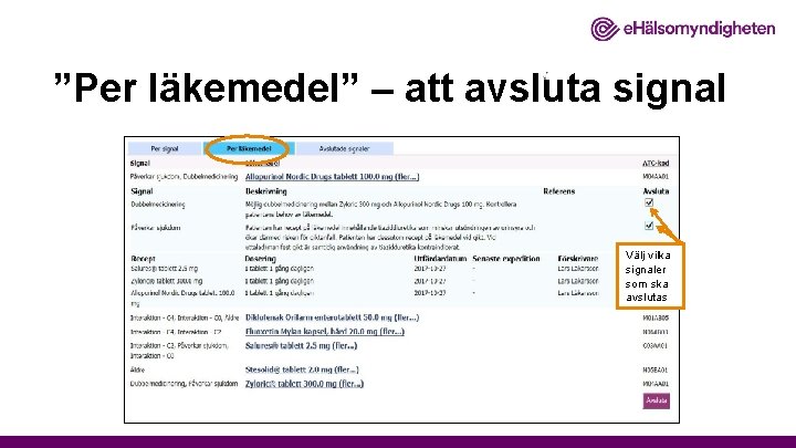 ”Per läkemedel” – att avsluta signal Välj vilka signaler Välj vilka som ska signaler
