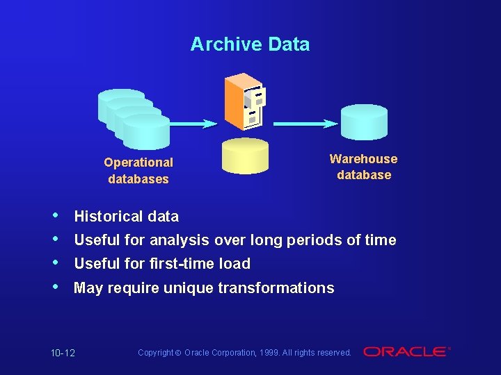 Archive Data Operational databases • • Warehouse database Historical data Useful for analysis over