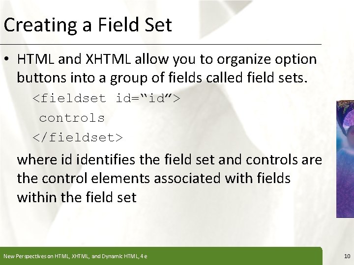 Creating a Field Set XP • HTML and XHTML allow you to organize option