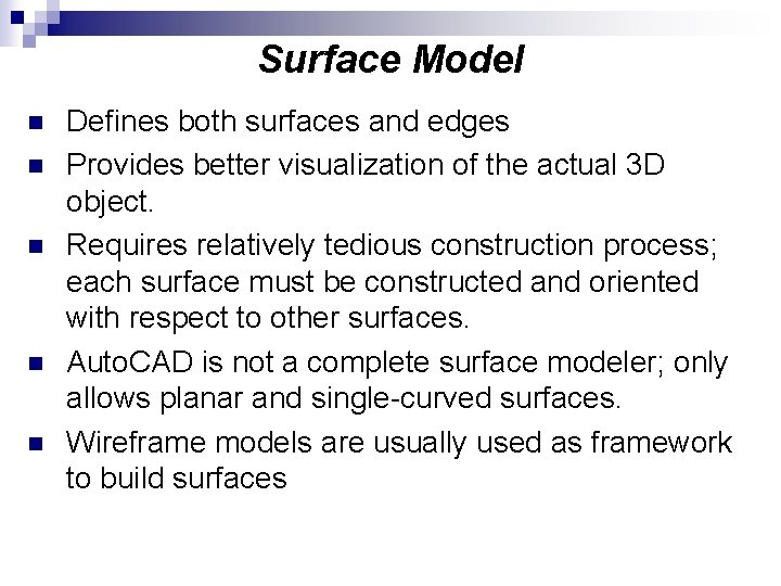Surface Model n n n Defines both surfaces and edges Provides better visualization of